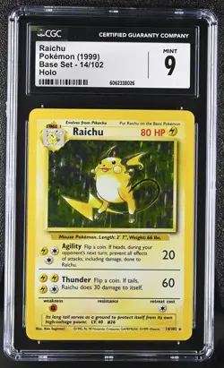 CGC 9 MINT Raichu 1999 Base Set 14/102 Holo Pokemon Card psa - Image 1