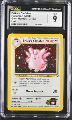 CGC 9 MINT Erika's Clefable 2000 Gym Heroes 3/132 Holo Pokemon Card psa - Image 1