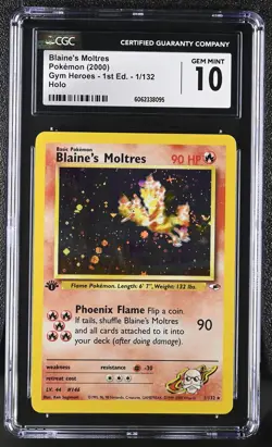 CGC 10 GEM MINT Blaine's Moltres Gym Heroes 1st Edition 1/132 Holo Pokemon Card - Image 1
