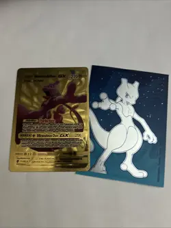 Pokemon Mewtwo & Mew GX 71/236 Gold Foil Card Fan Art HP 270 With Mewtwo Case - Image 1