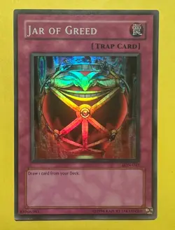 Vintage Yugioh Super Rare Holofoil Card Jar Of Greed LON-047 - Image 1