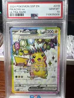 2024 Pokemon SSP EN-Surging Sparks 219/191 Pikachu EX Ultra Rare PSA 10 Gem Mint - Image 1