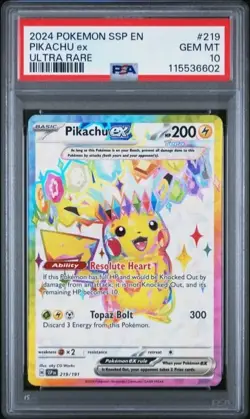2024 Pokemon SSP EN-Surging Sparks 219/191 Pikachu EX Ultra Rare PSA 10 Gem Mint - Image 1