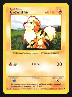 Pokemon Growlithe 28/102 WotC Base Set Shadowless Unlimited HP - Image 1