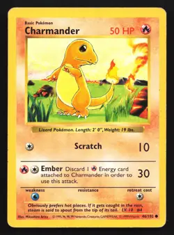 Pokemon Charmander 46/102 WotC Base Set Shadowless Unlimited HP - Image 1