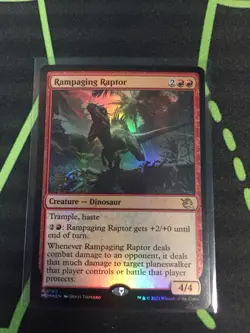MTG Magic The Gathering Rampaging Raptor Foil Prerelease Promo Red Dinosaur - Image 1