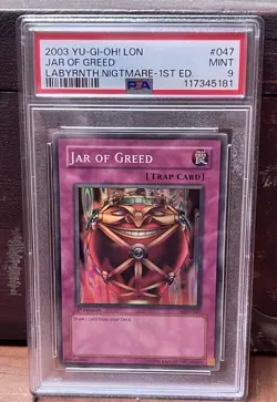 YuGiOh Jar of Greed 1st Edition LON-047 Graded PSA 9 MINT Super Rare 2003 Holo - Image 1