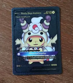 Pokemon Pikachu Fan Art Card Cosplay Mega Ampharos Black Gold Foil Holo Metal - Image 1