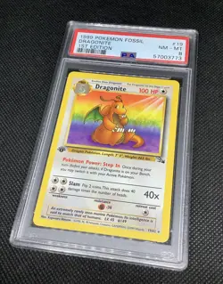 Original PSA 8 First Edition Dragonite Non-Holo Pokemon Card Fossil Set NM-MT - Image 1