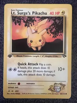Lt. Surge’s Pikachu 84/132 Gym Challenge 1st Edition Pokemon Card NM - Image 1