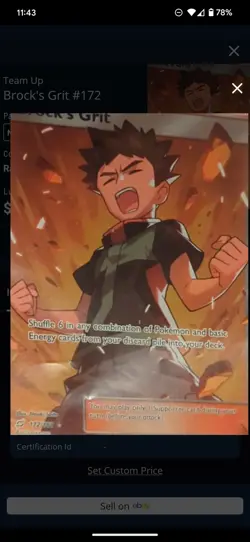 Brock's Grit 172/181 Team Up Full Art Trainer Rare Pokemon Card Near Mint - Image 1