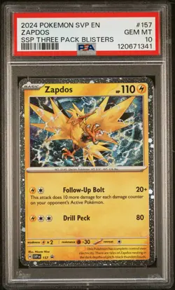 PSA 10 - Zapdos Holo SVP157 Surging Sparks 3 Pack Blister Promo - Pokemon - Image 1