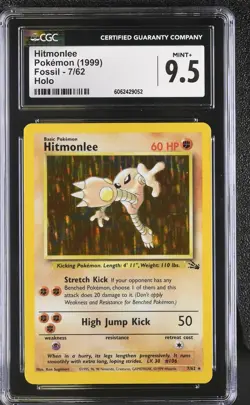 CGC 9.5 MINT+ Hitmonlee 1999 Fossil 7/62 Holo Pokemon Card psa - Image 1