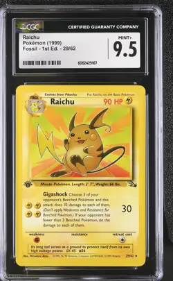 CGC 9.5 MINT+ Raichu 1999 Fossil 1st Edition 29/62 Pokemon Card psa - Image 1