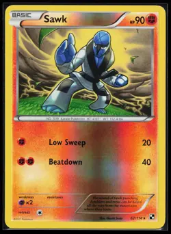 Sawk 62/114 Rare Black and White Reverse Holo Pokemon Card - Image 1