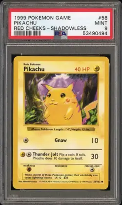 1999 Pokemon Base Set Shadowless "Red Cheeks" Pikachu 58/102 PSA 9 MINT - Image 2