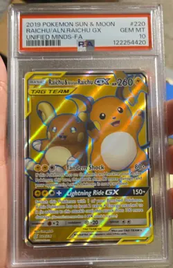 POKEMON 2019 Raichu Alolan Raichu GX Full Art Tag Team 220/236 PSA 10 Sun & Moon - Image 1