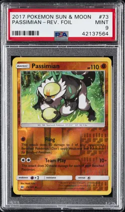 2017 POKEMON SUN & MOON #73 PASSIMIAN-REVERSE FOIL PSA 9 - Image 1