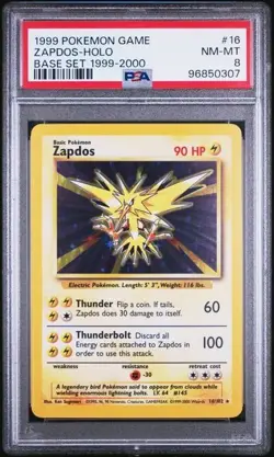 1999 POKEMON BASE SET 16 ZAPDOS-HOLO BASE SET 1999-2000 PSA 8 Nm-Mt - Image 1