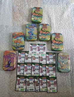 Pokemon Mini Tins w/ Stickers & Info Cards + 16 Unused Code Cards (Empty Tins) - Image 1