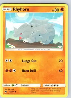 Pokemon TCG Rhyhorn S&M Burning Shadows 65/147 Regular Common Card NM - Image 1