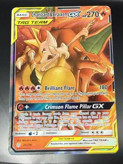 2019 Charizard & Braixen GX Pokemon Cosmic Eclipse Tag Team Full Art Holo 22/236 - Image 1