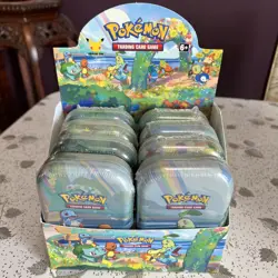 2021 Pokemon Celebrations Complete 8 Mini Tin Set (Sealed) & Display Box - Image 1