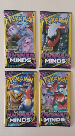 Pokemon Sun & Moon Unified Minds Sealed 3 Card Pack Complete Art Set Of 4 - Image 1