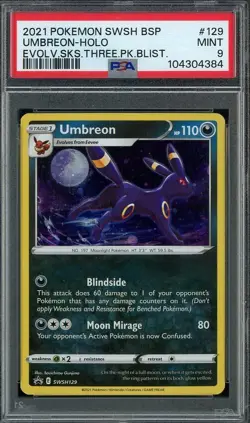 2021 Pokemon Evolving Skies 3 Pack Blister SWSH129 UMBREON HOLO BSP PSA 9 Mint - Image 1