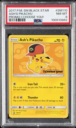 2017 POKEMON SM BLACK STAR PROMO I CHOOSE YOU! #SM110 ASH'S PIKACHU PSA 8 - Image 1