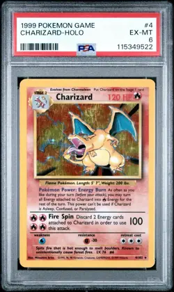 Charizard 4/102 Pokemon Card Base Set Unlimited Holo Rare 1999 WOTC PSA 6 - Image 1
