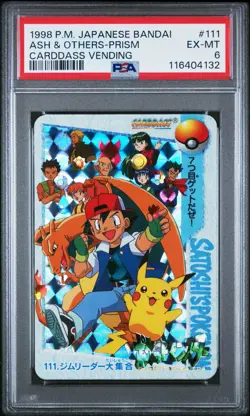 1998 Pokemon Japanese Bandai Carddass Vending 111 Ash & Others-Prism PSA 6 EX-MT - Image 1