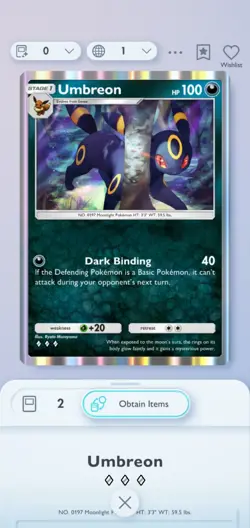 Pokemon Pocket Umbreon 3 Diamond Rare Mobile Game Trade NOT A PHYSICAL CARD - Image 1