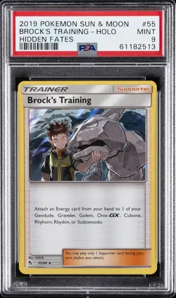2019 POKEMON SUN & MOON HIDDEN FATES #55 BROCK'S TRAINING-HOLO PSA 9 - Image 1