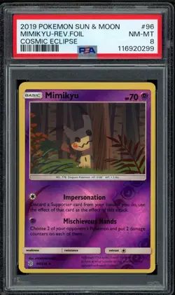 2019 PSA 8 Pokemon Cosmic Eclipse Mimikyu Reverse Holo Trainer 96/236 card - Image 1