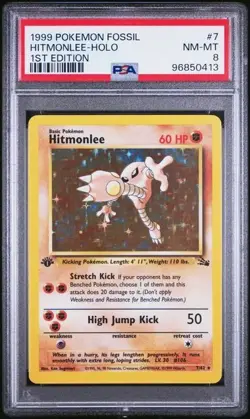 1999 POKEMON FOSSIL 7 HITMONLEE HOLO 1ST EDITION PSA 8 NM MT - Image 1