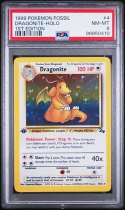 1999 Pokemon Fossil 4 Dragonite Holo 1st Edition PSA 8 Nm Mt - Image 1