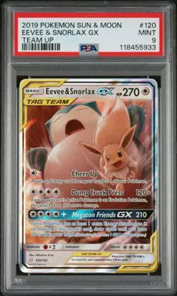 2019 Pokemon Team Up Eevee & Snorlax GX 120/181 Ultra Holo Foil Rare PSA 9 Mint - Image 1
