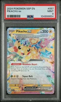 2024 POKEMON CARD SV SSP EN SURGING SPARKS #057 PIKACHU EX PSA 9 MINT - Image 1
