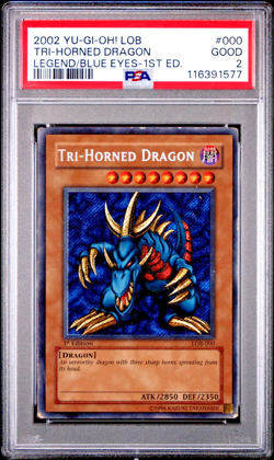 PSA 2 1ST EDITION LOB-000 Tri-Horned Dragon Secret Rare Yugioh ENGLISH - Image 1