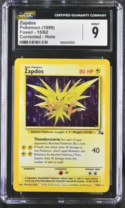 CGC 9 MINT Zapdos 1999 Fossil 15/62 Holo Pokemon Card psa - Image 1
