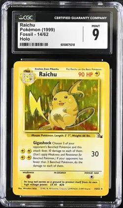 CGC 9 MINT Raichu 1999 Fossil 14/62 Holo Pokemon Card psa - Image 1