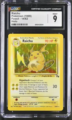 CGC 9 MINT Raichu 1999 Fossil 14/62 Holo Pokemon Card psa - Image 1