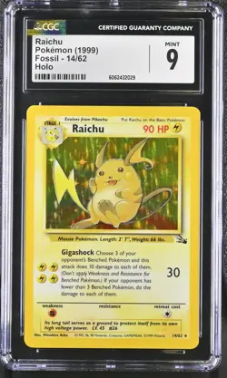 CGC 9 MINT Raichu 1999 Fossil 14/62 Holo Pokemon Card psa - Image 1