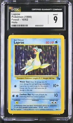CGC 9 MINT Lapras 1999 Fossil 10/62 Holo Pokemon Card psa - Image 1