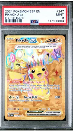 PSA 9 MINT Pikachu ex Surging Sparks Hyper Rare Gold Pokemon 247/191 - Image 1