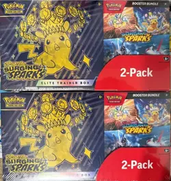 POKEMON SURGING SPARKS ETB + BOOSTER BUNDLE COSTCO 2-PACK (2 SETS) SEALED - Image 1