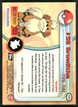 1999 Topps Pokemon TV Animation Edition Series 1 #58 Growlithe Blue Topps Logo - Image 2