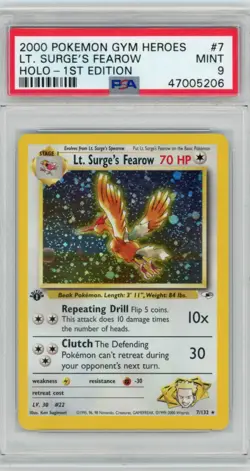 2000 Pokemon Gym Heroes Lt Surges Fearow #7 Holo 1st Edition PSA 9 - Image 1