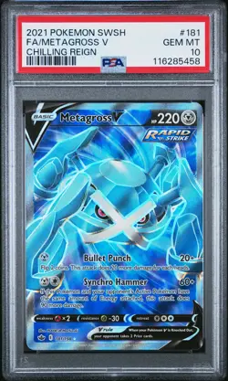 2021 Pokemon Sword & Shield Chilling Reign #181 Full Art Metagross V PSA 10 - Image 1